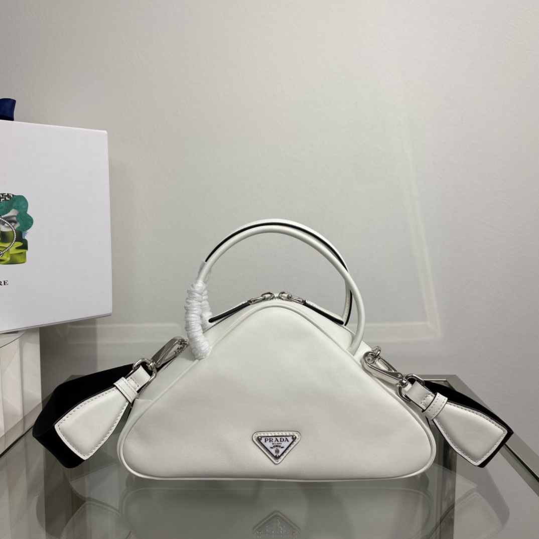 Prada Triangle Leather Shoulder Bag Tote White 1BB082